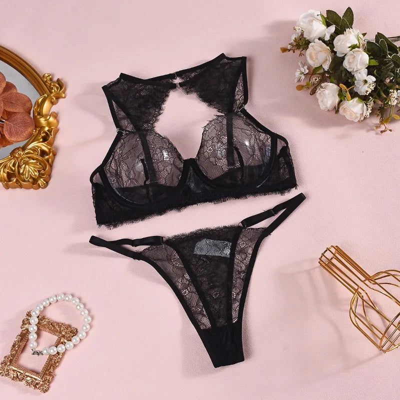 Women's Black Lace Lingerie Set Underwire Bra Thong Panty Garter Straps Choker Gloves Floral Embroidery Sexy Underwear Outfit