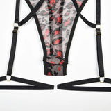 Leopard Print Strappy Bodysuit Blue Caged Harness Lingerie Sexy Mesh Sheer Teddy Underwire Erotic Lenceria Mujer
