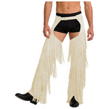 Mens Western Cowboy Chaps Fuax Suede Tassel Hollow Out Open Crotch Long Pants Adjustable Buckles Waist Motorcycle Biker Trousers