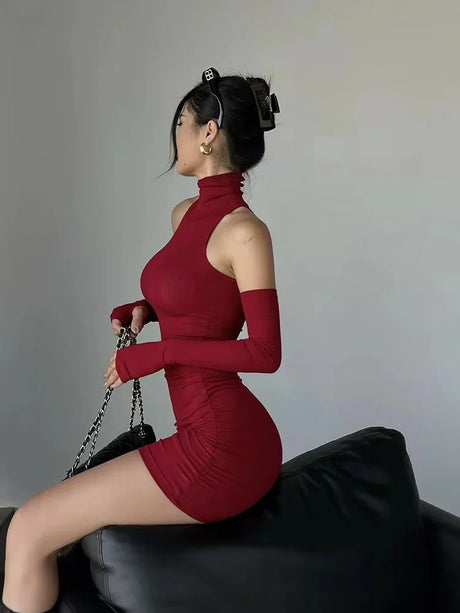 Ruched Bodycon Dress Women Turtleneck Mini Dresses With Sleeves Autumn Black Skinny Stretchy Party Vestidos Fashion Y2K Clothing