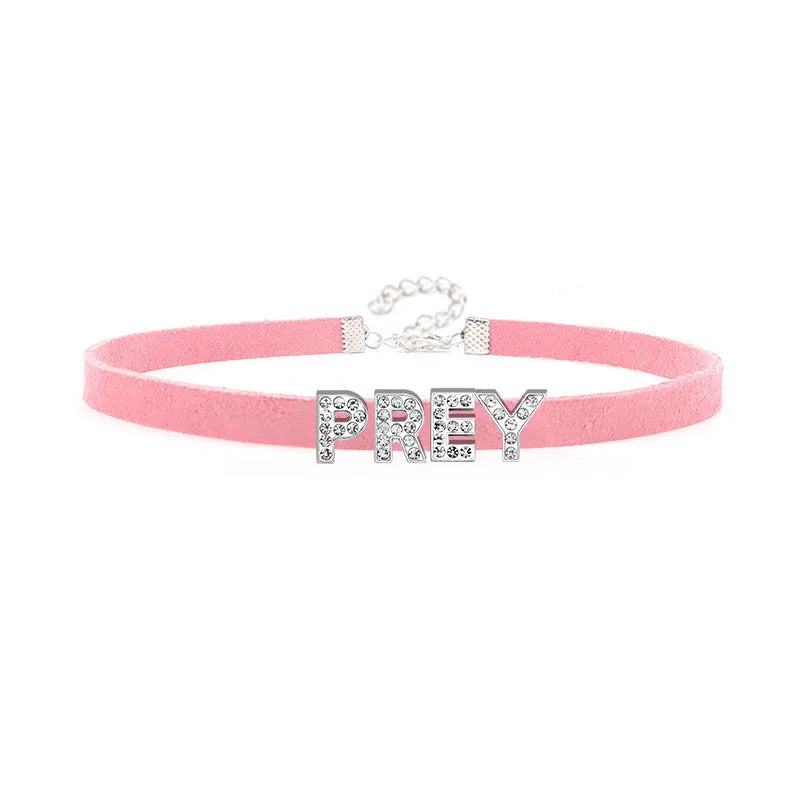 Sexy Rhinestone Letters Hotwife Collar Choker for Women Men DIY Customized Necklaces Pink Suede Leather Cosplay Jewelry Gift
