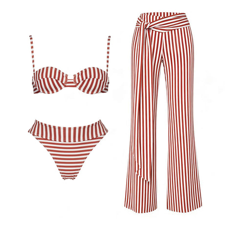 Striped 3Pcs Bandeau Biquini 2026 Women Sexy Swimsuit Push Up Swimwear Female Swimming Suits Low Waisted Bathingsuit Beachwear