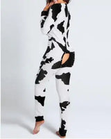 Sexy Pyjama Women's Long Sleeves Homewear Suit Button-Down Front Back Butt Bum Open Ass Flap Jumpsuit Loungewear Christmas Print