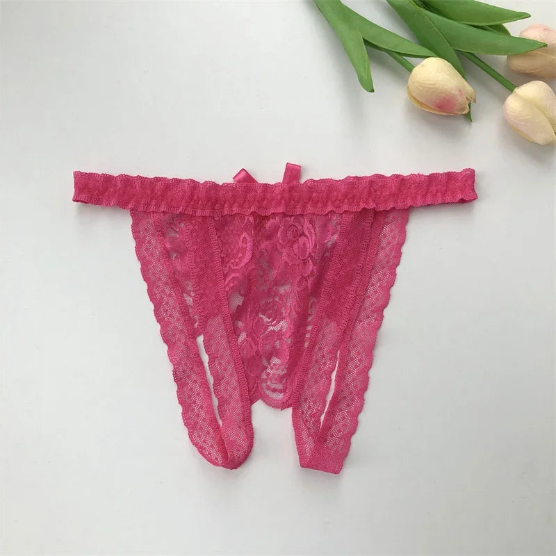 Customized Crystal Name Letters Women's Sexy Breathable Lace Underwear Low Waisted Opening Thong Bikini Erotic G-String Panties