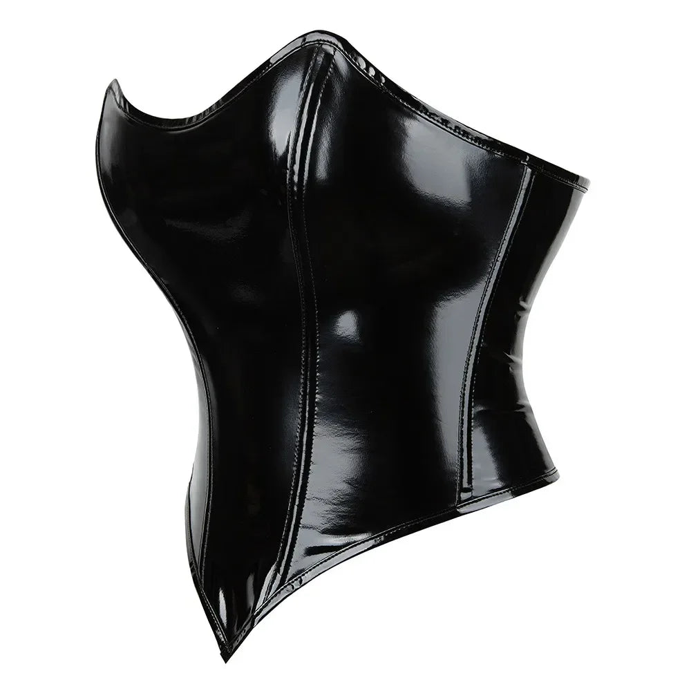 Black Shiny PVC Bustier Faux Leather Corset Crop Top Body Shaper Women Sexy Corselet Vest Plus Size