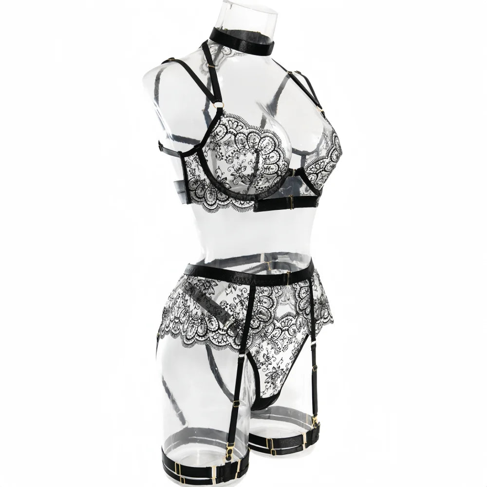 Krasapt Black Lace Embroidered Metal Buckle Sexy Lingerie Set Front Open See-through Lingerie 5Pcs Set Fancy Exotic Intimate Set