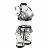 Krasapt Black Lace Embroidered Metal Buckle Sexy Lingerie Set Front Open See-through Lingerie 5Pcs Set Fancy Exotic Intimate Set