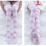 Lolita Over Knee Socks Pink Strip Kawaii Cat Paw Print Stockings Lolita Gothic Velvet Over The Knee Thigh High JK Long Stockings