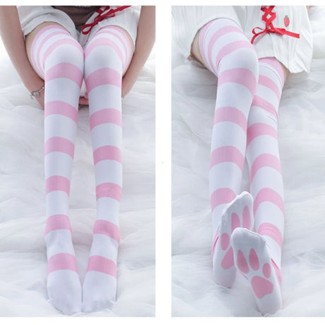 Lolita Over Knee Socks Pink Strip Kawaii Cat Paw Print Stockings Lolita Gothic Velvet Over The Knee Thigh High JK Long Stockings