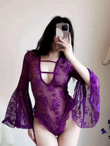 Sexy Purple Lace Mesh Hollow Out Bodysuit Long Sleeves Deep V Neck Pure Desire Bodysuits Flower Embroidery Thin Charming 8O4B