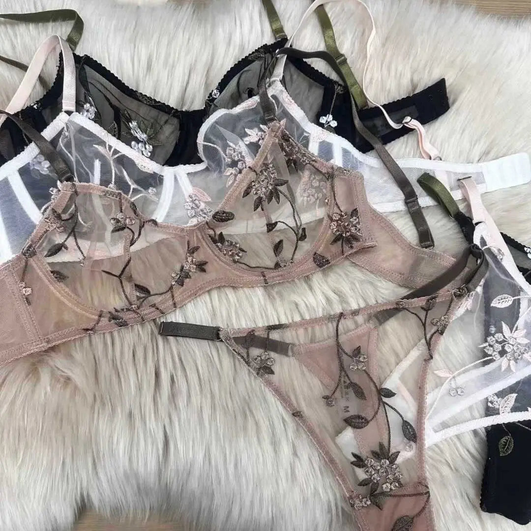 Women Thin Sheer Mesh Lace Bra Set 32‑38 Transparent Floral Embroidery Underwire Anti Sag Push Up Minimizer Big Breast Bra S-XL