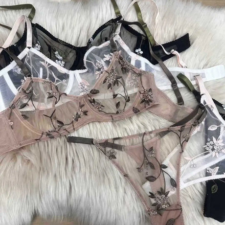 Women Thin Sheer Mesh Lace Bra Set 32‑38 Transparent Floral Embroidery Underwire Anti Sag Push Up Minimizer Big Breast Bra S-XL