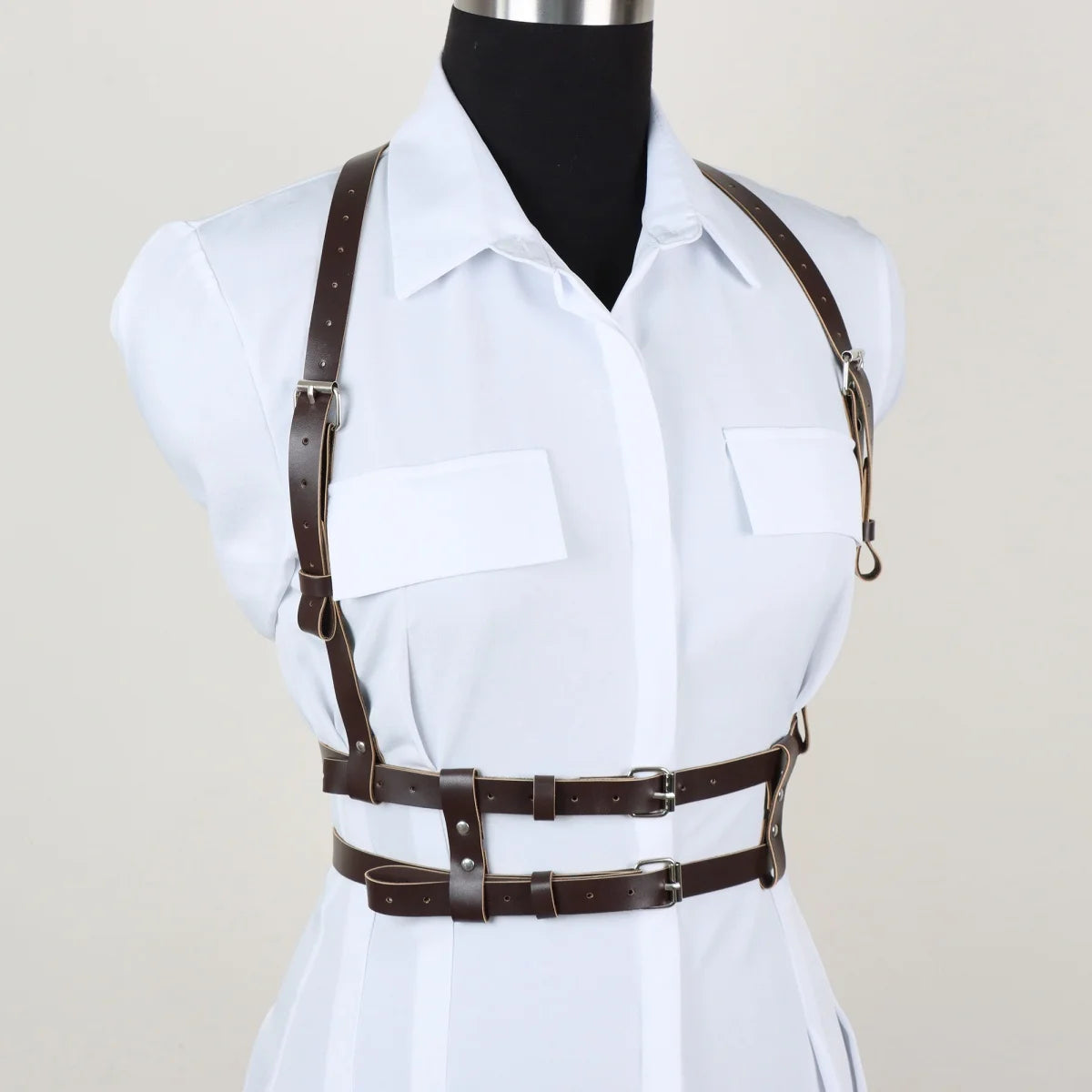 Women Faux Leather Set Steampunk Chest Harness Belt + Thigh Holster Medieval Pirate Cosplay Costume Accessories Halloween