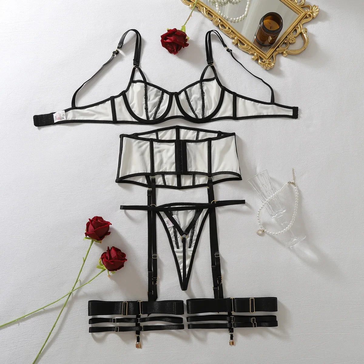 Women's Black White Contrast Strappy Lingerie Set 4PCS Underwire Bra Waist Cincher Garter Belt Thong Thigh Cuffs Sexy Intimate