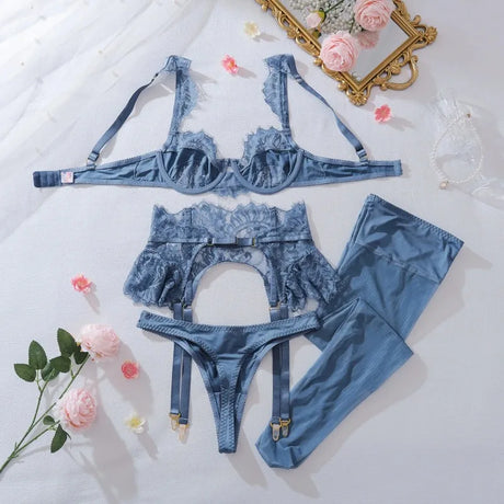 Women's Blue Lace Lingerie Set 4 Piece Bra Panty Garter Belt Stockings Underwire Adjustable Straps Sexy Romantic Nightwear 2026