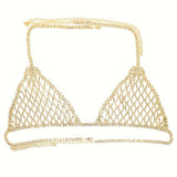 Women Bling Rhinestone Bikini Body Chain Set Sparkly Crystal Mesh Lingerie 2 Piece Halter Triangle Bra Panty Club Party Outfit