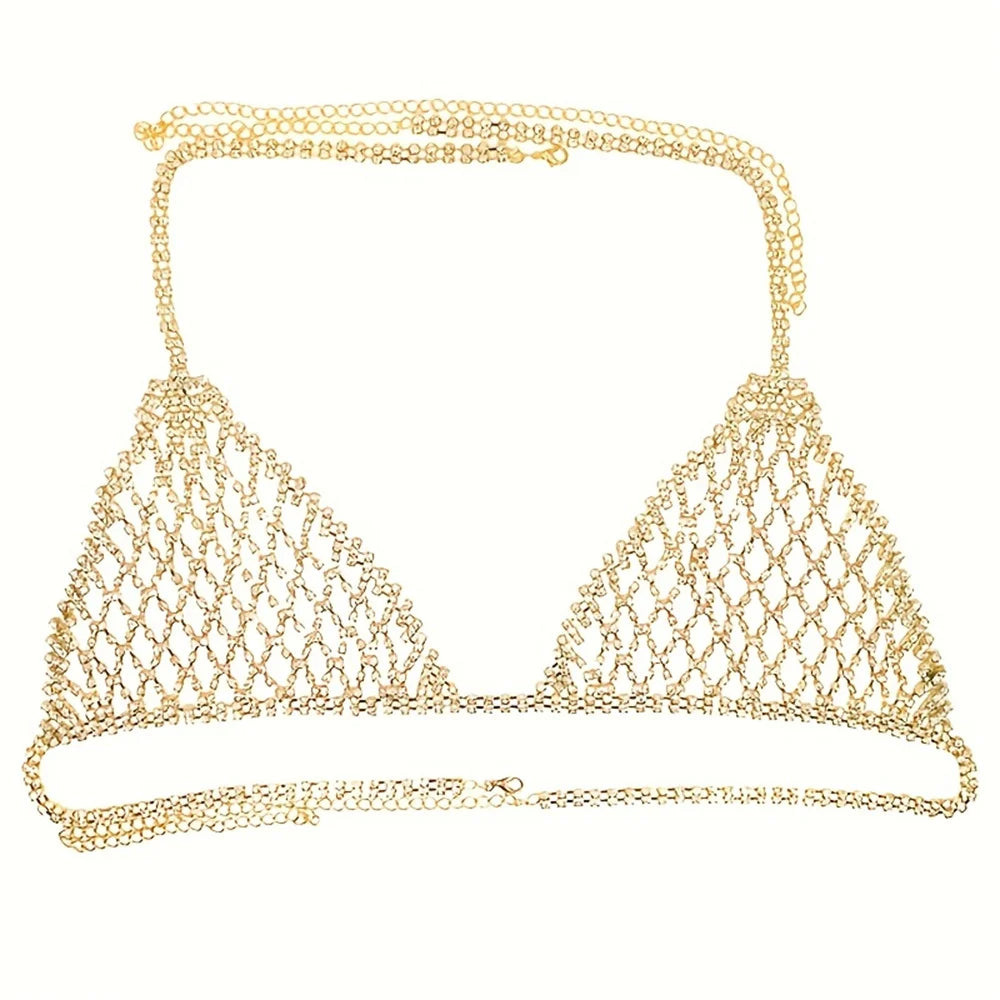 Women Bling Rhinestone Bikini Body Chain Set Sparkly Crystal Mesh Lingerie 2 Piece Halter Triangle Bra Panty Club Party Outfit