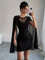 Women Black Glitter Bodycon Mini Dress Lace Crew Neck Sheer Cape Sleeve Slim Party Club Evening Cocktail Short Dress