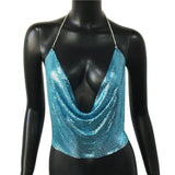 Sexy Metal Sequins Tank Top For Women 2025 Summer V Neck Backless Crop Tops Luxury Solid Short Party Nightclub Tank Tops