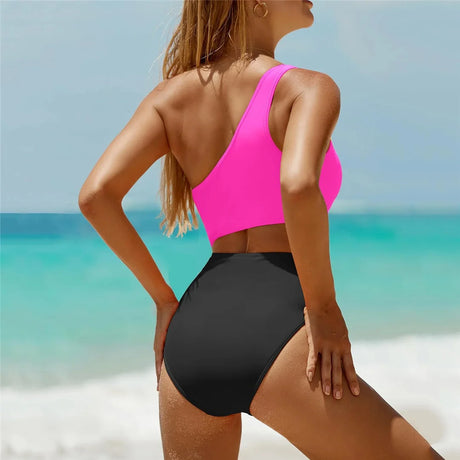 Vzvn 2026 New Women Swimwear Female Padded Bather Bathing Suit Swim Colors Cut Out One Shoulder Splicing One Piece Swimsuit