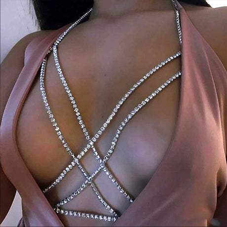 Stonefans Sexy Rhinestone Bra Body Belly Chain Summer Bikini Top Jewelry Beachwear Harness Necklace Inner Mesh Chest Chains Gift