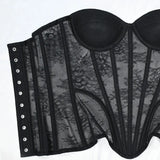Women Mesh Corset Busiter Overbust Cups Push Breast Floral Lace Bodice Sext Tansparent Strapless Crop Tops Lace Up Steel Boned