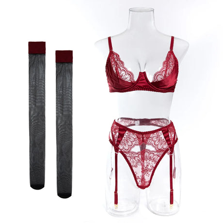 Wedding Night Gift 3 Piece Black Lace Lingerie Set for Women Bra with Garter Belt and Thong Sexy Bridal Underwear