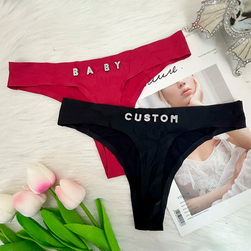 2pack Custom Thong with Name Crystal Letter Customized Thongs Women Underwear G-String Personalize Panties Lingerie Tanga
