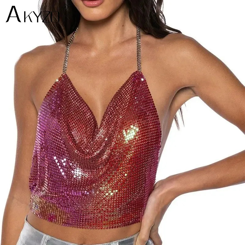 Sexy Metal Sequins Tank Top For Women 2025 Summer V Neck Backless Crop Tops Luxury Solid Short Party Nightclub Tank Tops