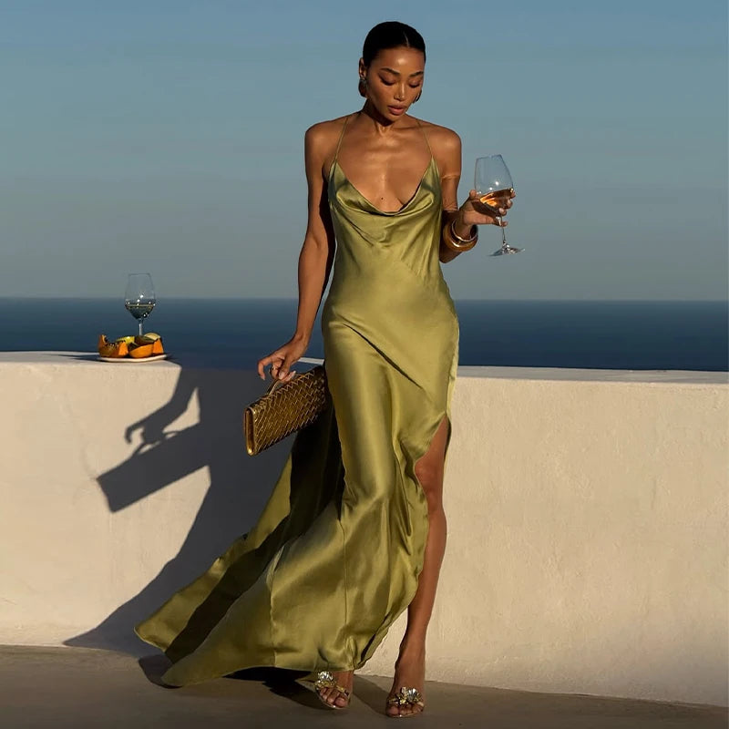 Elegant Solid Women's Dress Side Split Backless V-Neck Hip Package Lady Long Dresses 2026 Summer Autumn Female Party Robe New