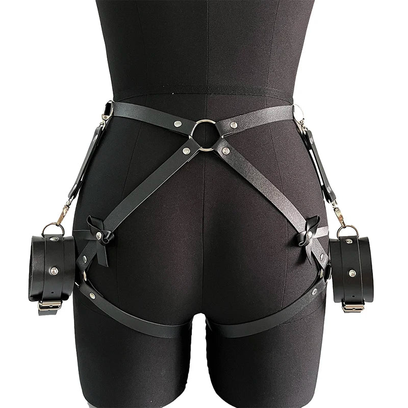 Fashionable Women's Bowknot Leg Harness with Bracelet Faux Leather Buttocks Adjustable Suspenders Gothic Garter Thigh Sword Belt