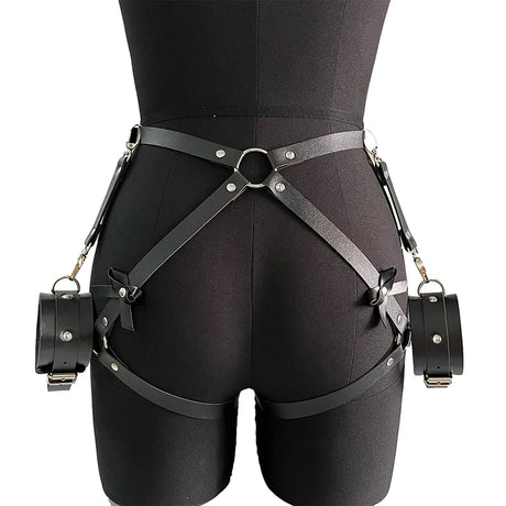 Fashionable Women's Bowknot Leg Harness with Bracelet Faux Leather Buttocks Adjustable Suspenders Gothic Garter Thigh Sword Belt