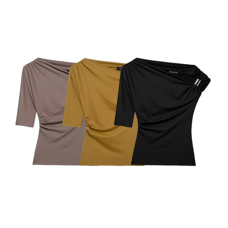 HH Vintage Women's Asymmetric Bustier Tops 2025 Female Sexy Skew Collar Off-shoulder Pleated Metal Decorate Shirt Streetwear