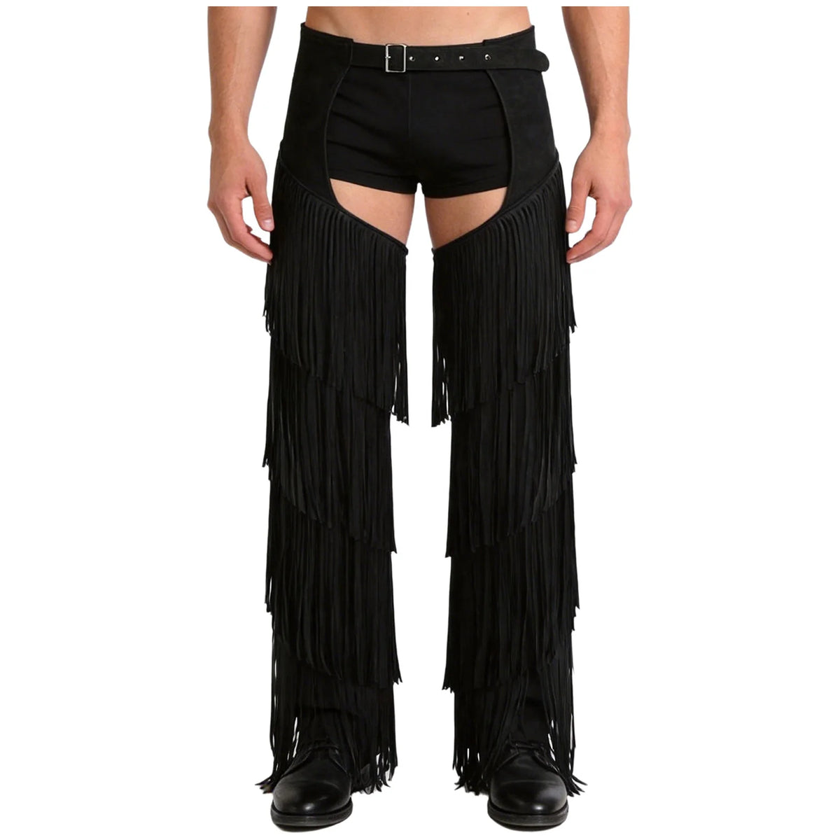 Mens Western Cowboy Chaps Fuax Suede Tassel Hollow Out Open Crotch Long Pants Adjustable Buckles Waist Motorcycle Biker Trousers