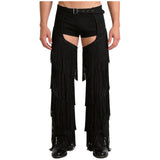 Mens Western Cowboy Chaps Fuax Suede Tassel Hollow Out Open Crotch Long Pants Adjustable Buckles Waist Motorcycle Biker Trousers