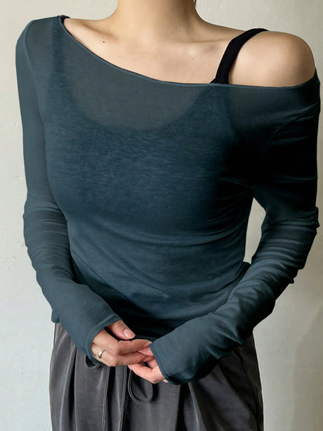 2026 New Arrival Women's T-Shirt: Off-the-Shoulder Semi-Sheer Long-Sleeved Casual Sexy Halter Neck