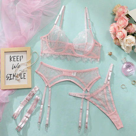 Women's Pink Floral Lace Sheer Lingerie Set See-Through Push-Up Bra Waist Cincher with Garter Belt Thong Intimate Erotic Outfits