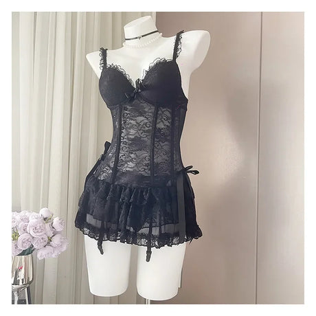 French Sexy Lace Nightdress Summer Women's Corset Gather Suspenders Pajamas with Chest Pads See Through Mesh Lace Loungewear