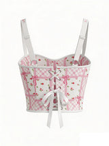 Women's Pink Corset Ditsy Floral Plaid Bow Print Adjustable Straps Front Hook Back Lace Up Coquette Bustier Top