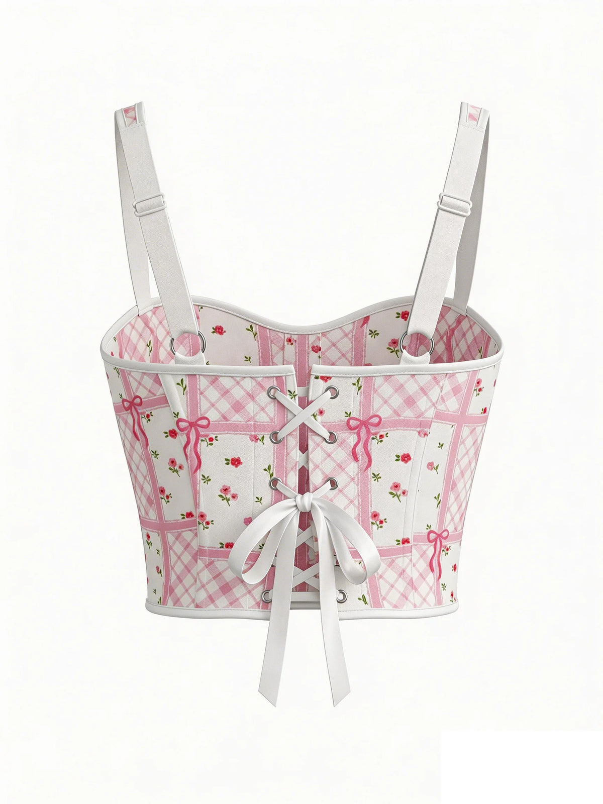 Women's Pink Corset Ditsy Floral Plaid Bow Print Adjustable Straps Front Hook Back Lace Up Coquette Bustier Top