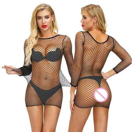 Sexy Fishnet Mesh Club Dress Summer Long Sleeve See Through Mini Dress Women Round Collar Ladies Dress Beach Plus Size Outfit