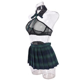 Ellolace Students Cosplay Lingerie Green Plaid Skirt Ultra Hot Halter Bra Transparent Necktie g-String Thongs Ensemble Lingeries