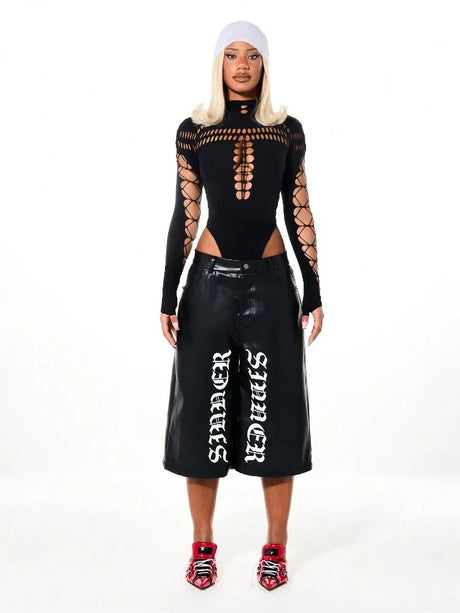 FHSEER SummerWomen's Y2K Sexy Bodysuit High Neck Bodycon Front Cutout & Lace-up Mesh Sleeve Stretchy Edggy Clubwear Streetwear