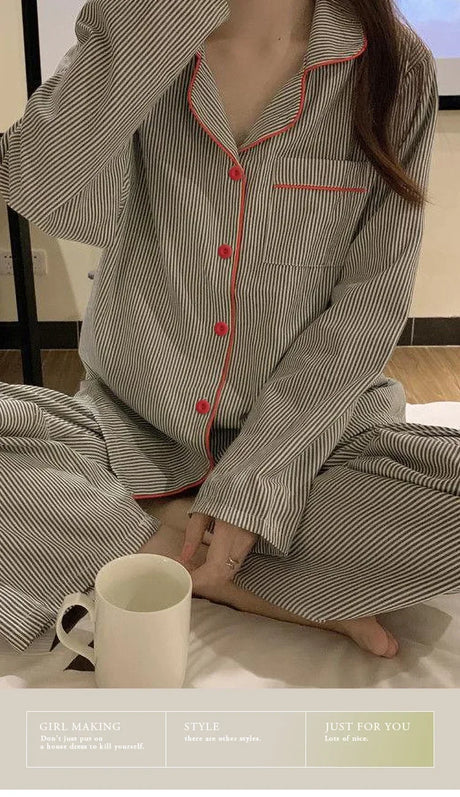 Pajamas Women Long Sleeve Trousers Summer Grey Cardigan Striped Sleepwear Loungewear Two Piece Set Ladies Nightwear Homewear