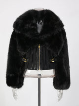 TWOTWINSTYLE Black Slimming Spliced Zipper Jackets for Women Lapel Long Sleeves Tunic Patchwork Fur Fashion Jacket Female New