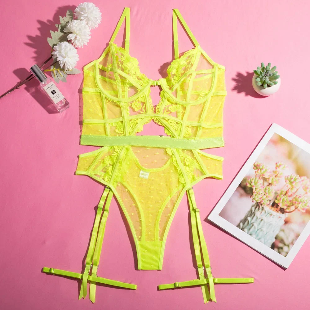 Tornova Lace Embroidery Jumpsuit For Women Mesh Patchwork See-through Sexy Hollow Out Underwear Solid Color Garters Underwear