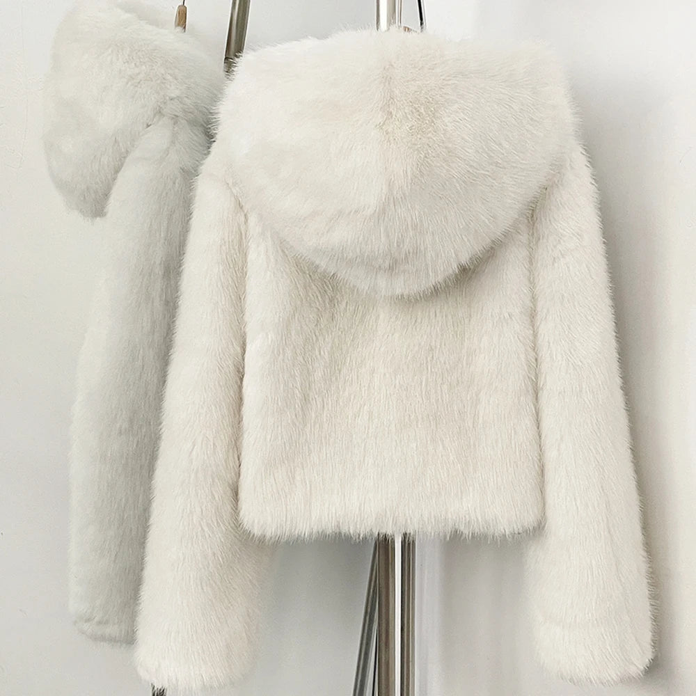 Women's Faux Fur Jacket White Mountain Fashion Hooded Cropped Faux Fur Coat Women Fluffy Women's Plush Coat Girls Hot Overcoat