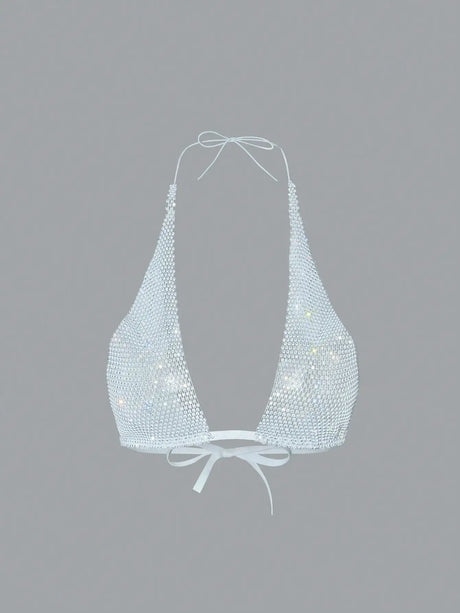Shiny Rhinestone Backless Camisole For Women Sexy Deep V Neck Halter Neck Bandage Tank Top Rave Party Club Crop Top 2025 New