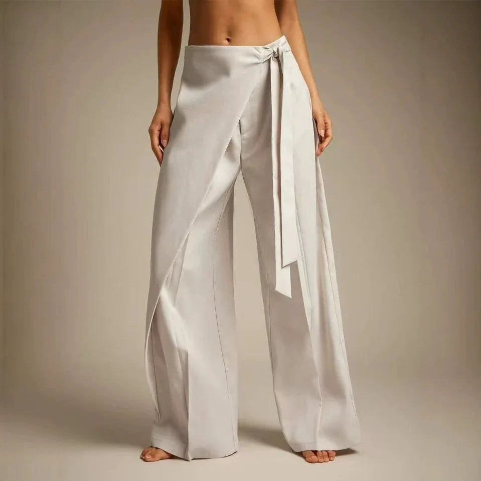 Women High Waist Wide Leg Pants Loose Wrap Tie Knot Asymmetric Pleated Trousers Beach Casual Bottoms
