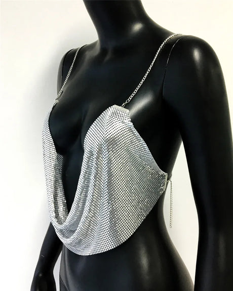 Fashion Metallic Sequins Party Tank Top Sexy Deep V Neck Backless Spaghetti Straps Sling Crop Top 2024 Rave Nightclub Camisole